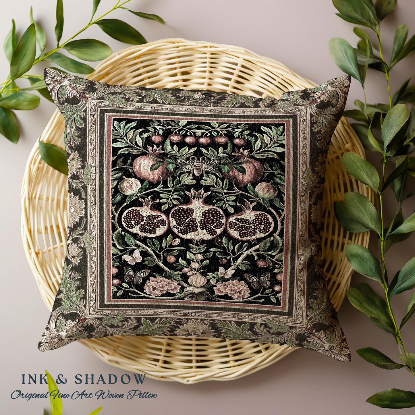 Forestcore Moody Maximalism Pomegranate Pillow Earthy Whimsigothic, Floral Fairycore Grunge Medieval Woodland Gothic Nature Tapestry Cushion