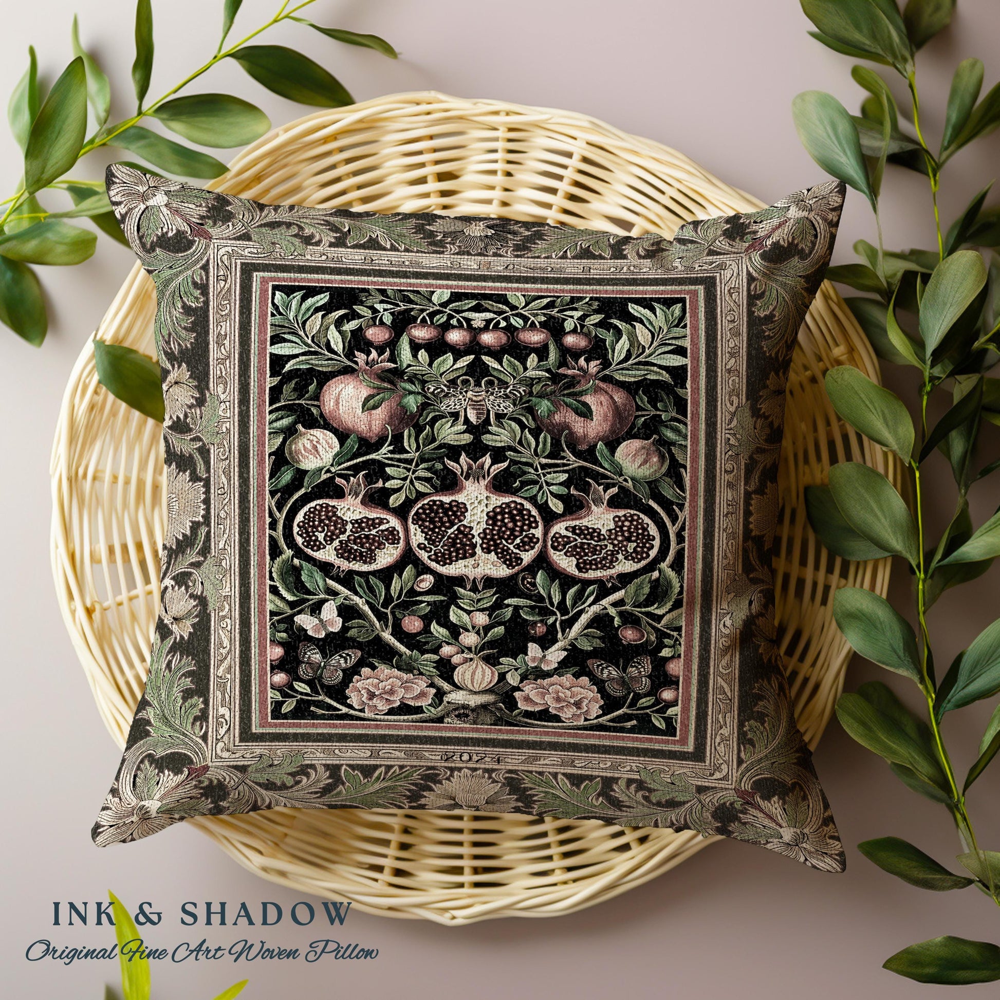 Forestcore Moody Maximalism Pomegranate Pillow Earthy Whimsigothic, Floral Fairycore Grunge Medieval Woodland Gothic Nature Tapestry Cushion