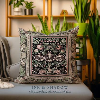 Forestcore Moody Maximalism Pomegranate Pillow Earthy Whimsigothic, Floral Fairycore Grunge Medieval Woodland Gothic Nature Tapestry Cushion