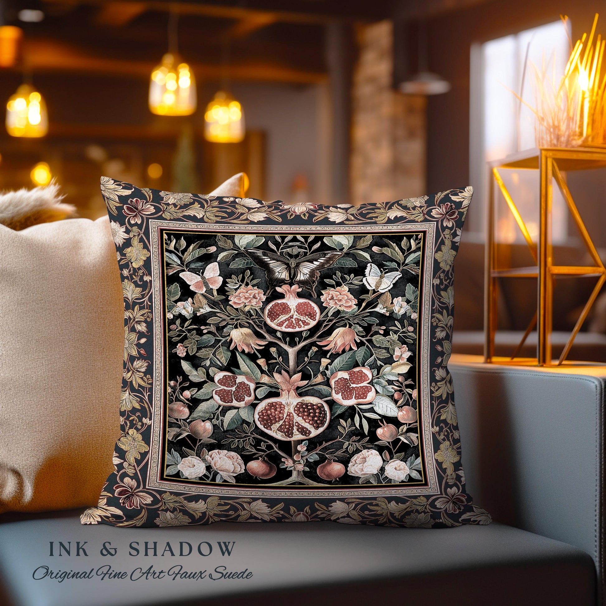 Victorian Gothic Floral Pomegranate Pillow Botanical Vintage Aesthetic| Enchanted Forest Butterfly Moth Woodland Wildflower Tapestry Cushion