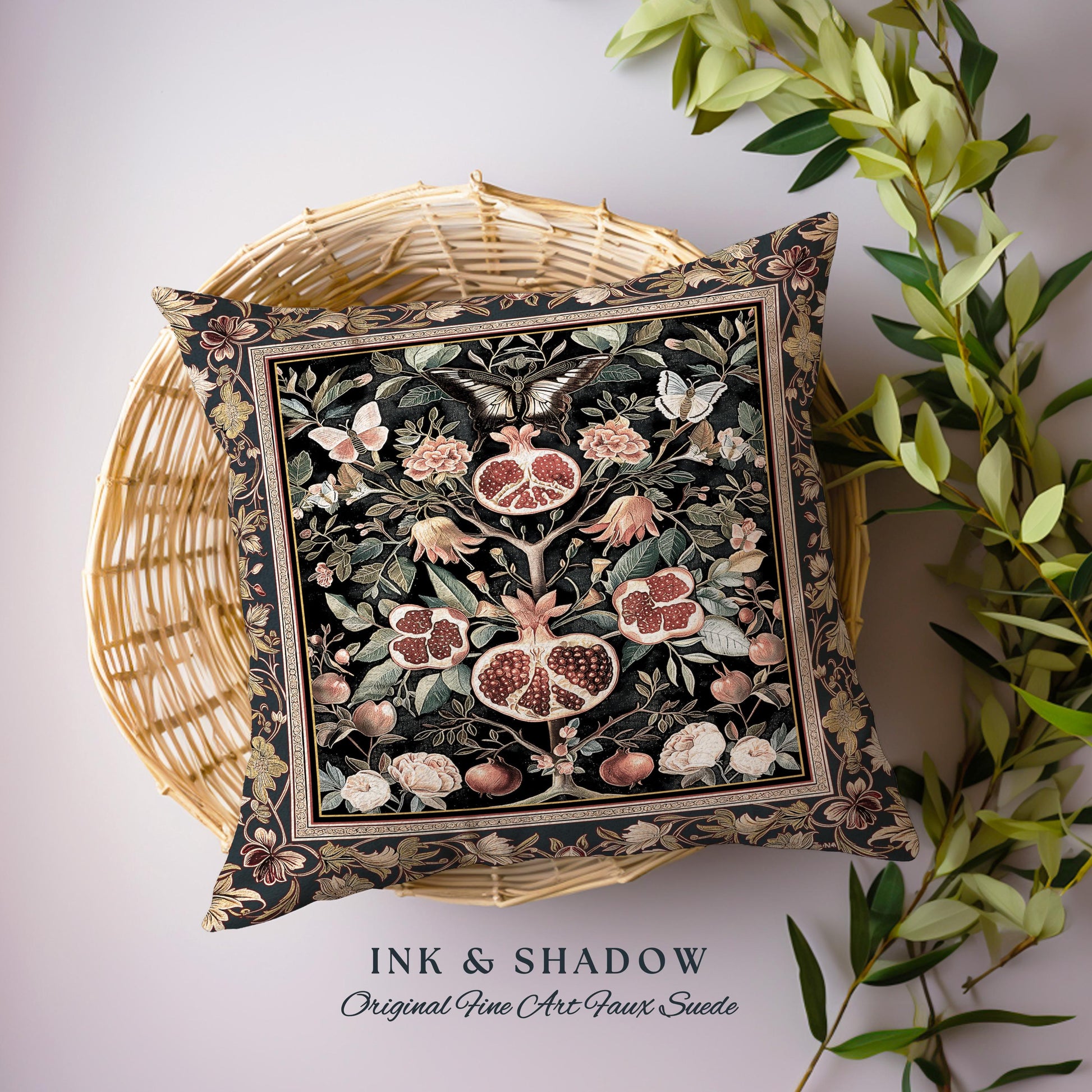 Victorian Gothic Floral Pomegranate Pillow Botanical Vintage Aesthetic| Enchanted Forest Butterfly Moth Woodland Wildflower Tapestry Cushion