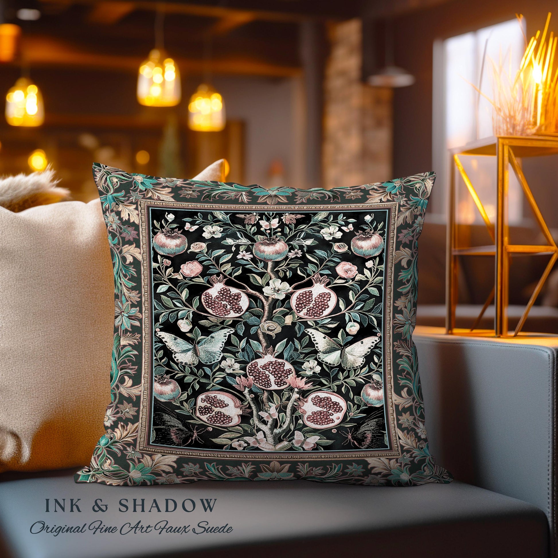 Mystical Pomegranate Forestcore Tapestry Pillow Whimsical Nature Inspired Botanical Cottagecore Cushion, Vintage Woodland Gothic Forest Art