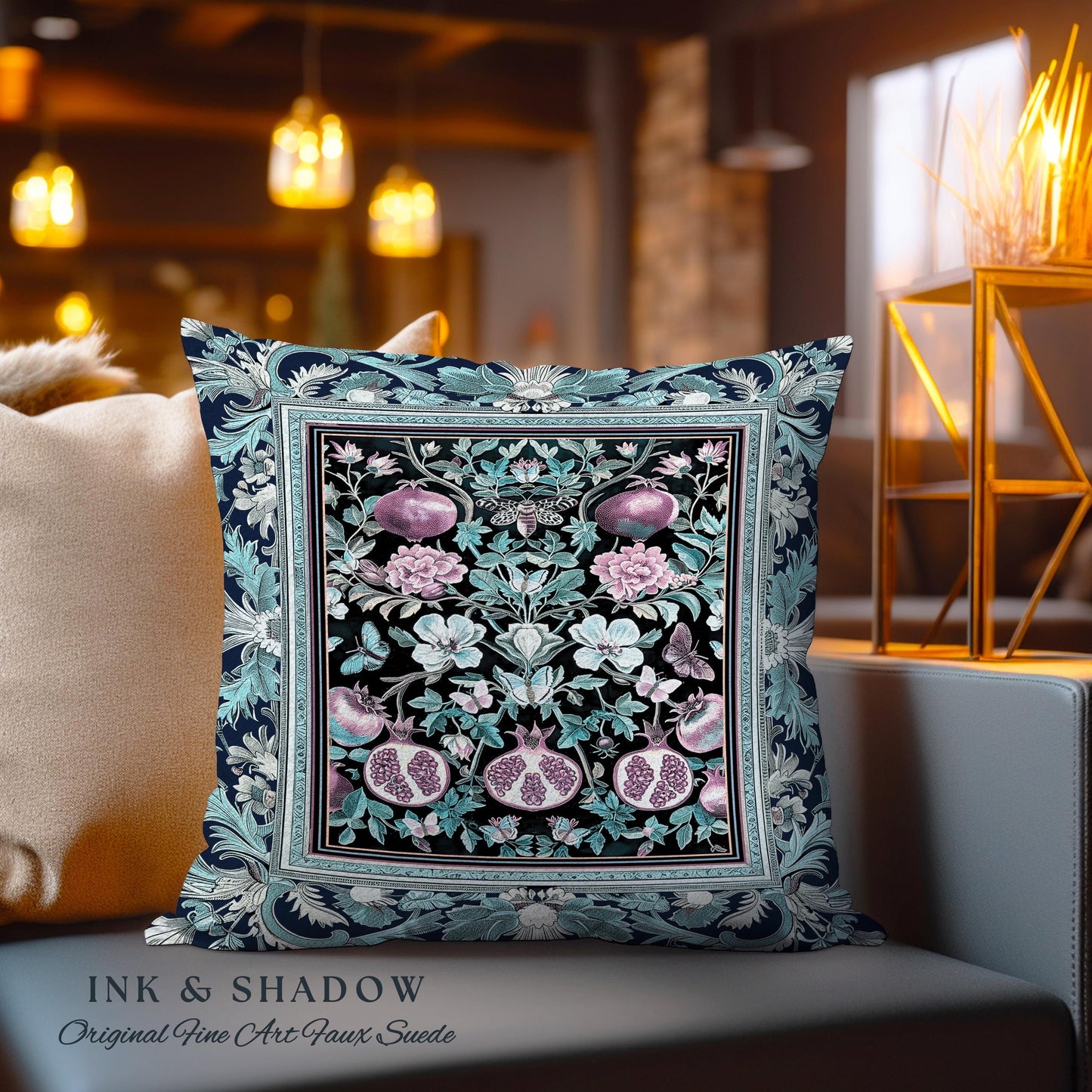 Bohemian Art Nouveau Style Mystic Fairy Grunge Forestcore Pomegranate Tapestry Pillow, Ethereal Woodland Floral Botanical Butterfly Cushion