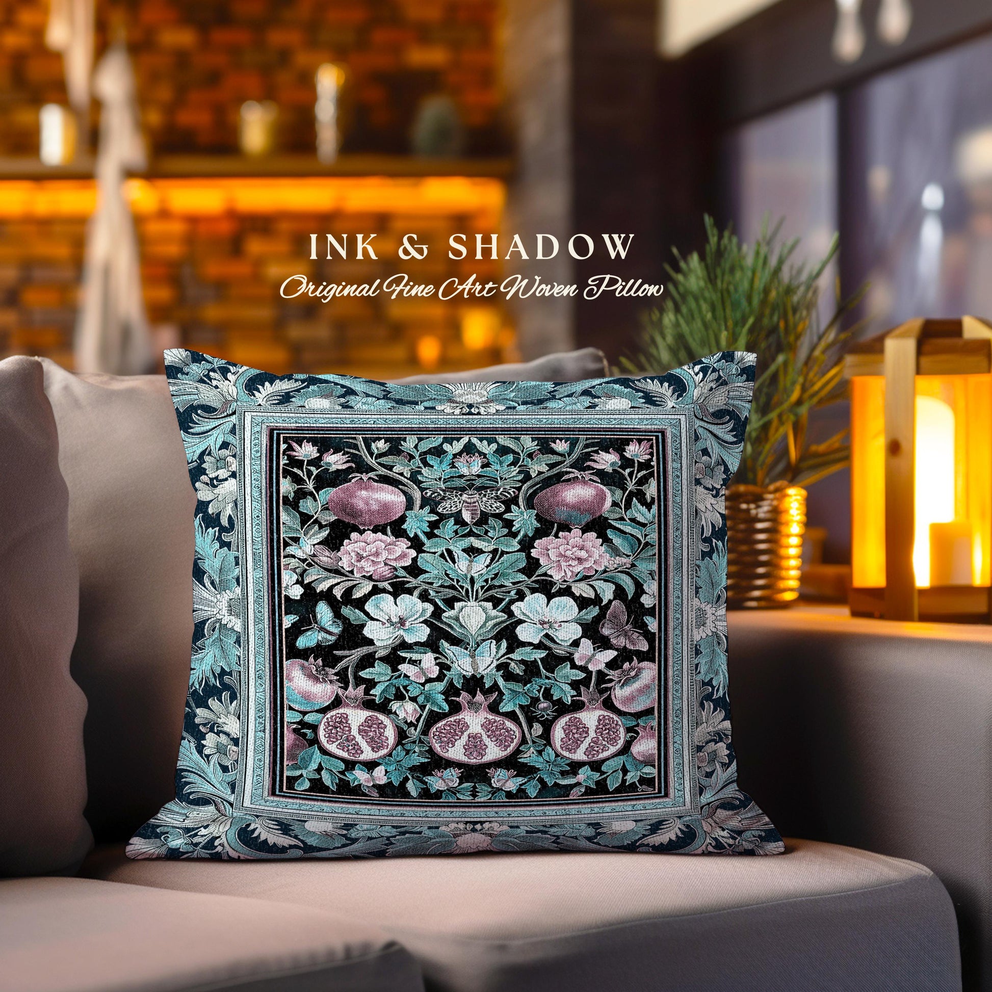 Bohemian Art Nouveau Style Mystic Fairy Grunge Forestcore Pomegranate Tapestry Pillow, Ethereal Woodland Floral Botanical Butterfly Cushion