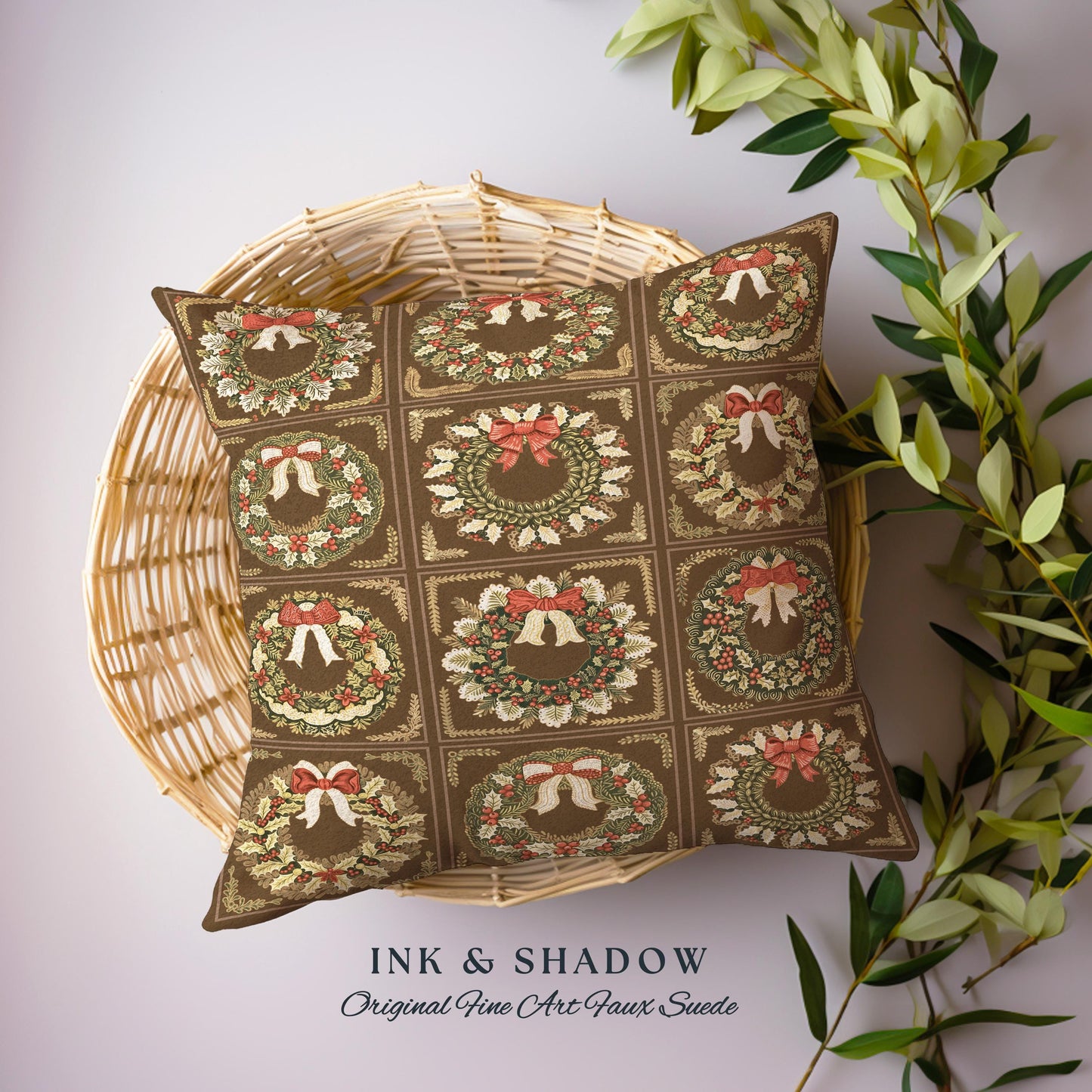 Rustic French Country Christmas Wreathe Pillow Antique Aesthetic Coffee & Cream Holiday Decor, Vintage Farmhouse Cottagecore Festive Cushion