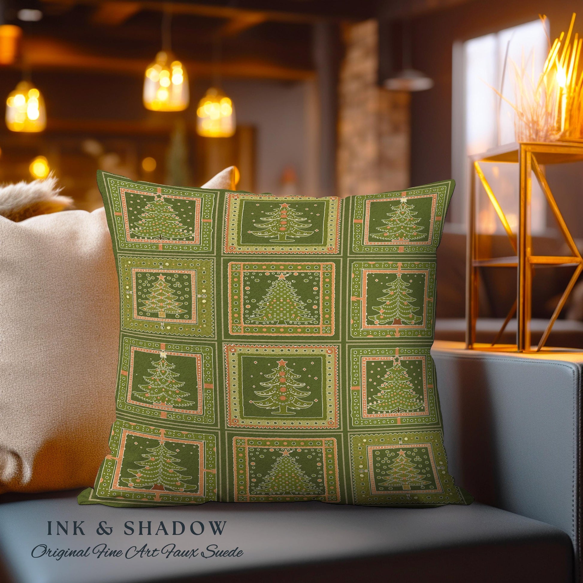 Country Chic Christmas Pine Tree Pillow Farmhouse Olive Green Checkered Throw | Festive Cozy Cabin Cottagecore Classic Retro Holiday Decor