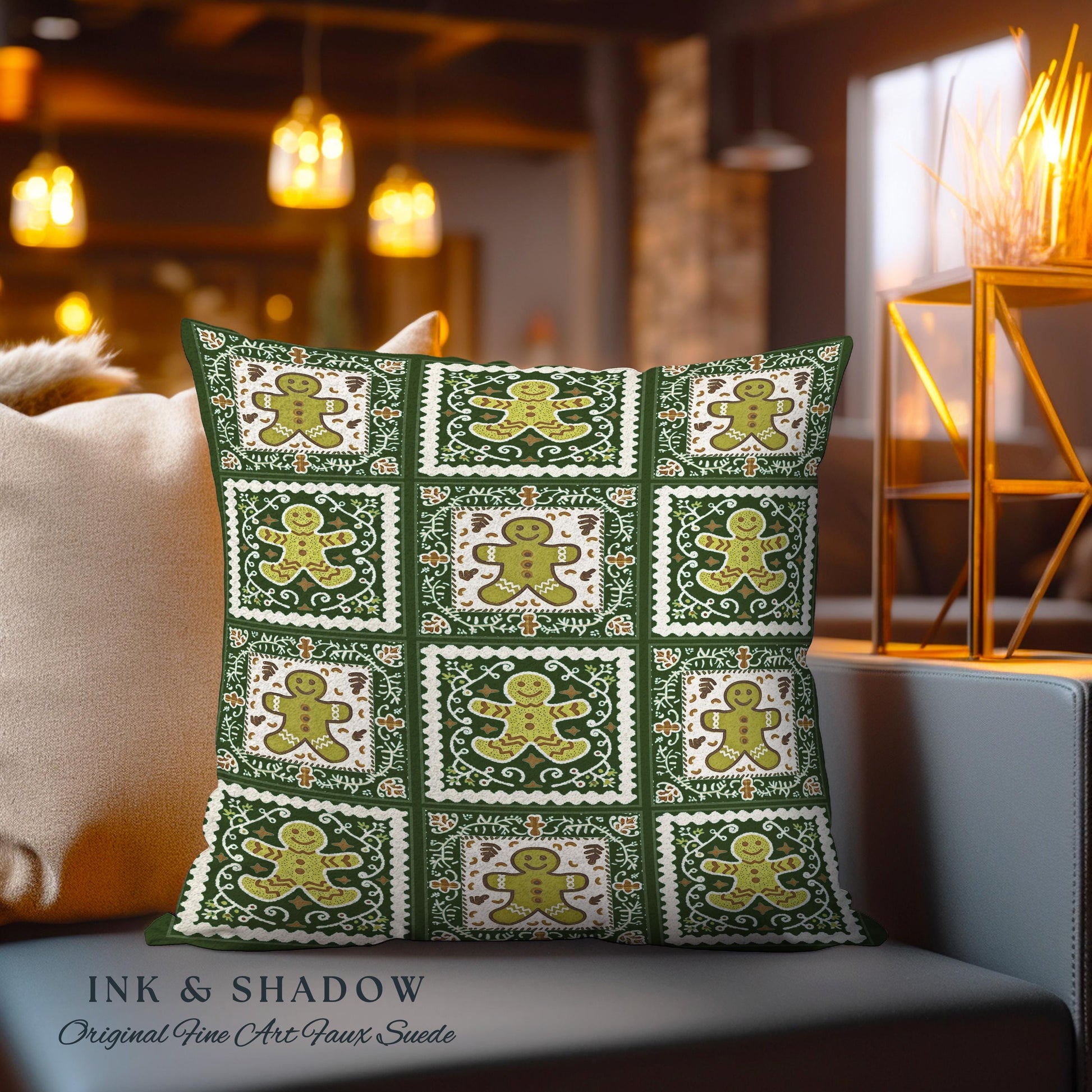 Vintage Folklore Aesthetic Gingerbread Art Pillow Festive Farmhouse Olive & Forest Green Checkered Cushion Christmas Boho Cottagecore Decor