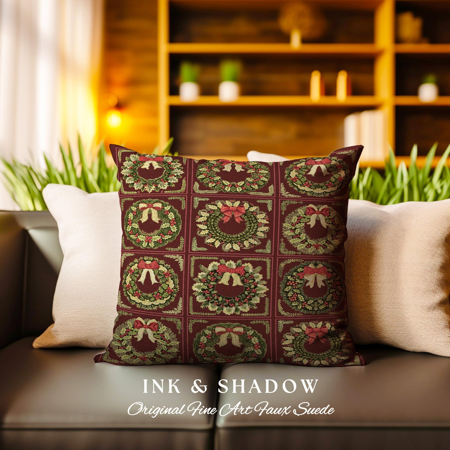 Ornate Baroque Burgundy Berry Wreath Tapestry Pillow Antique Inspired Home Decor | Elegant Festive Cozy Dark Academia Cushion Christmas Gift