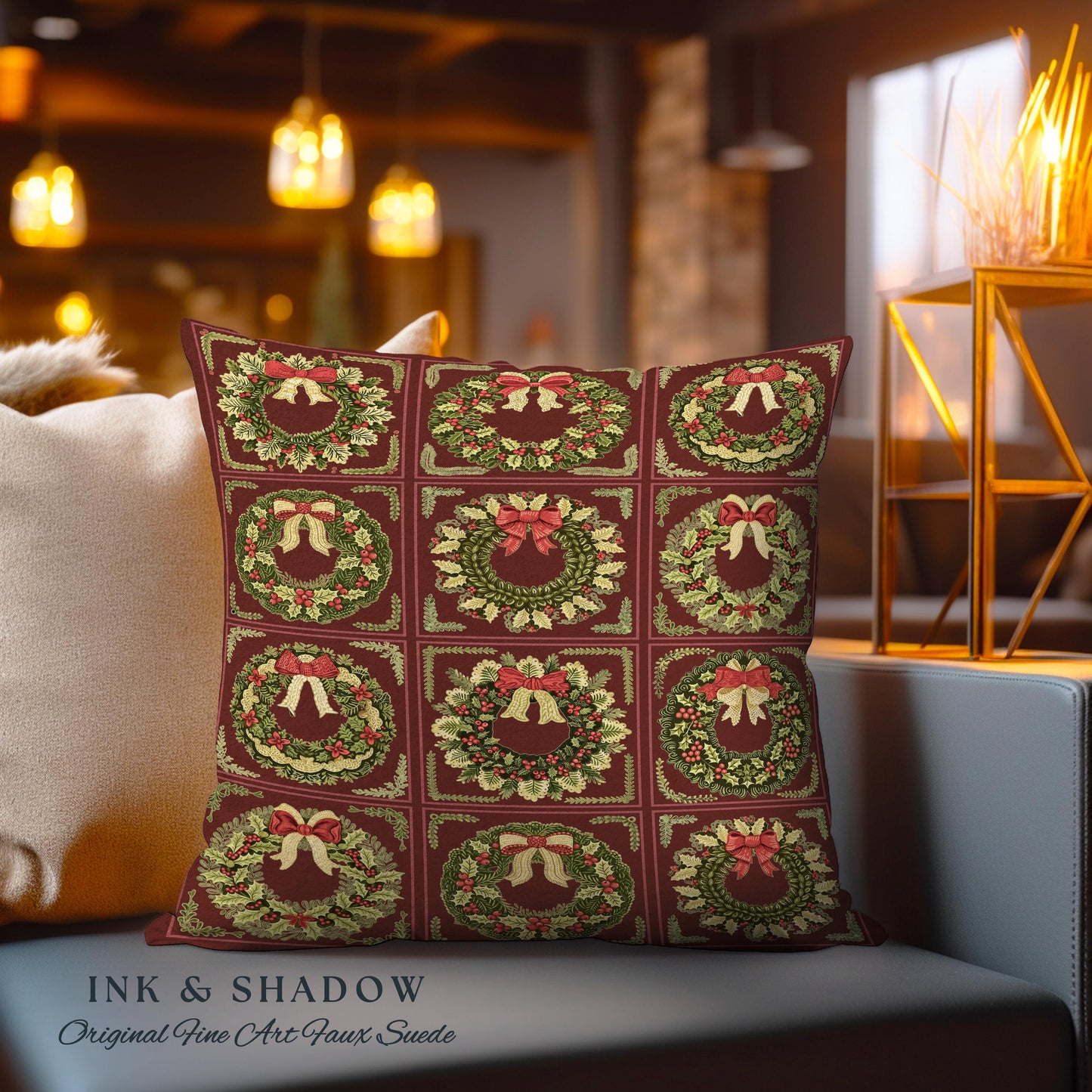 Ornate Baroque Burgundy Berry Wreath Tapestry Pillow Antique Inspired Home Decor | Elegant Festive Cozy Dark Academia Cushion Christmas Gift