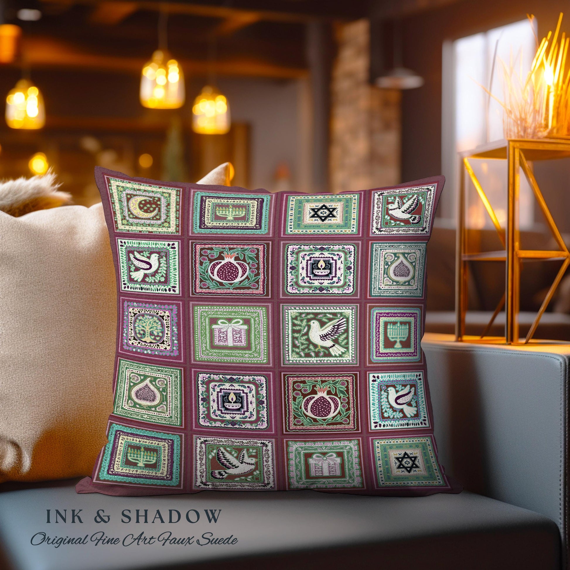 Whimsical Jewish Heritage Tapestry Cushion Bohemian Judaica Decor | Star of David, Pomegranate & Menorah Patchwork Pillow Hanukah Art Gifts