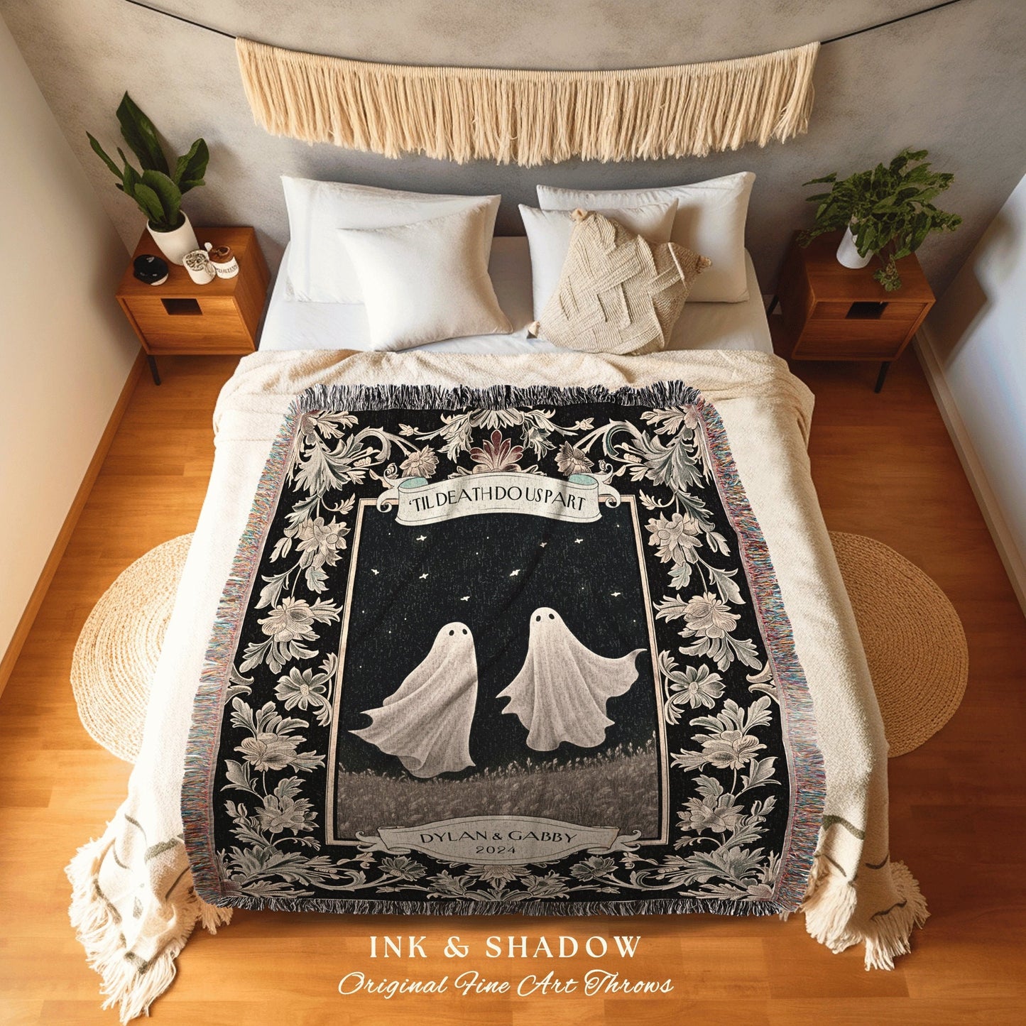 Mystic Lovers Personalized Ghost Blanket | Dark Cottagecore Custom Gothic Couple Tapestry Woven Throw His & Hers Gift for Partner Thoughtful