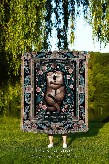 Teal Floral Otter Lover Couples Blanket | Personalized Gift Significant Otters Woven Tapestry Dating Anniversary Cute for Girlfriend Custom