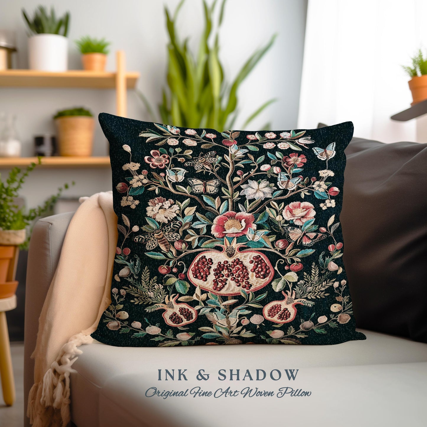 Fairycore Floral Pomegranate Whimsigoth Art Pillow Enchanted Forest Moth Butterfly Art | Whimsical Cottagecore Botanical Wildflower Cushion