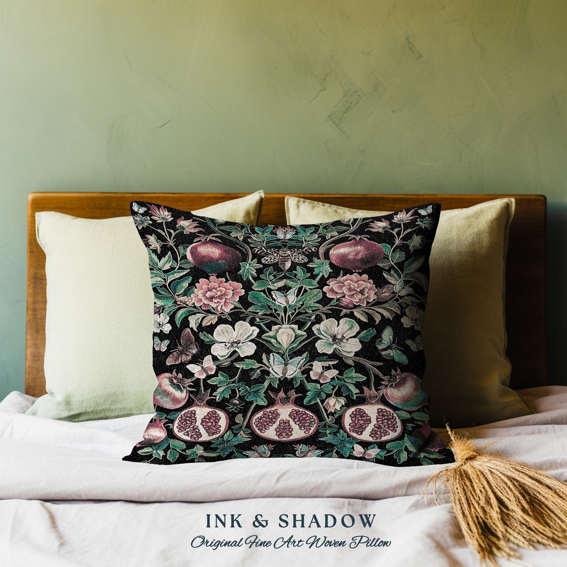 Ethereal Pomegranate Pillow Enchanted Tapestry Botanical Cushion | Baroque Inspired Dark Academia Butterfly Moth Gothic Floral Fruit Decor