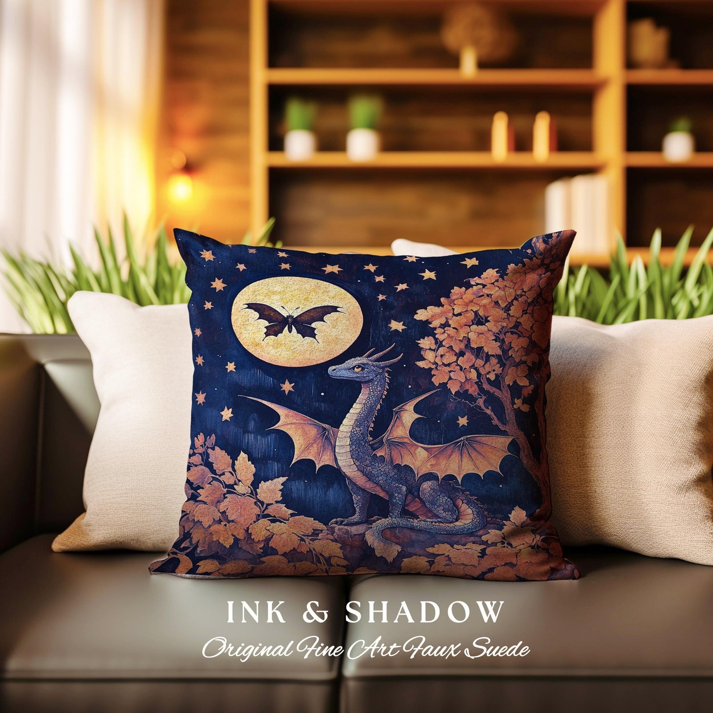 Whimsical Celestial Dragon Pillow Enchanted Forest Starry Night Cushion | Magical Woodland Goblincore Mystical Moon Fairytale Ethereal Art