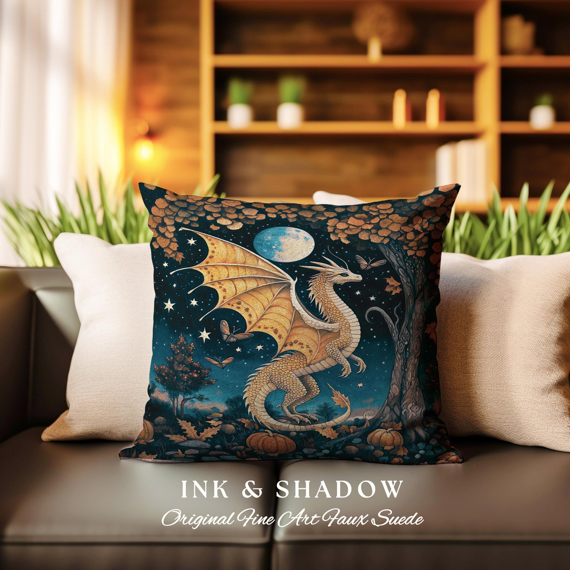 Whimsigothic Harvest Moon Magical Dragon Pillow Fairytale Nocturnal Decor | Enchanted Autumn Night Celestial Fantasy Art Tapestry Cushion