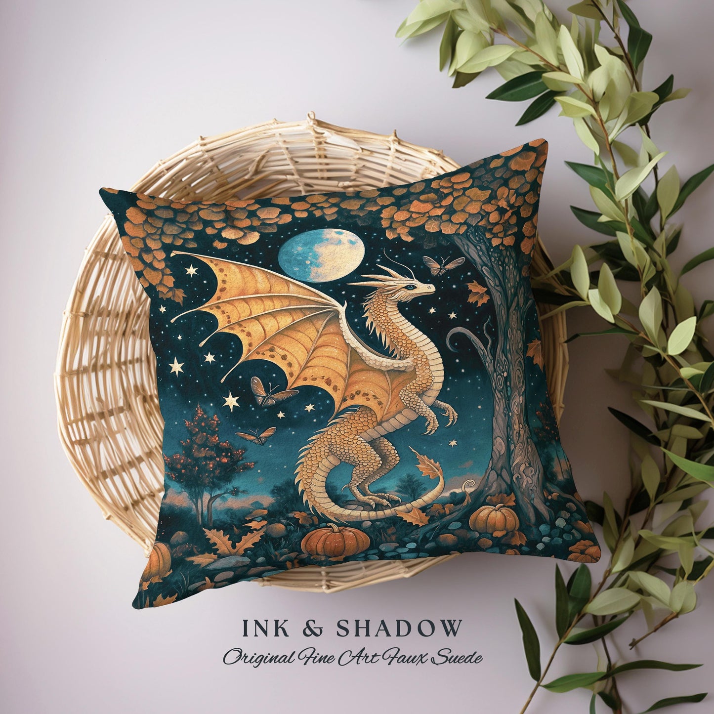 Whimsigothic Harvest Moon Magical Dragon Pillow Fairytale Nocturnal Decor | Enchanted Autumn Night Celestial Fantasy Art Tapestry Cushion