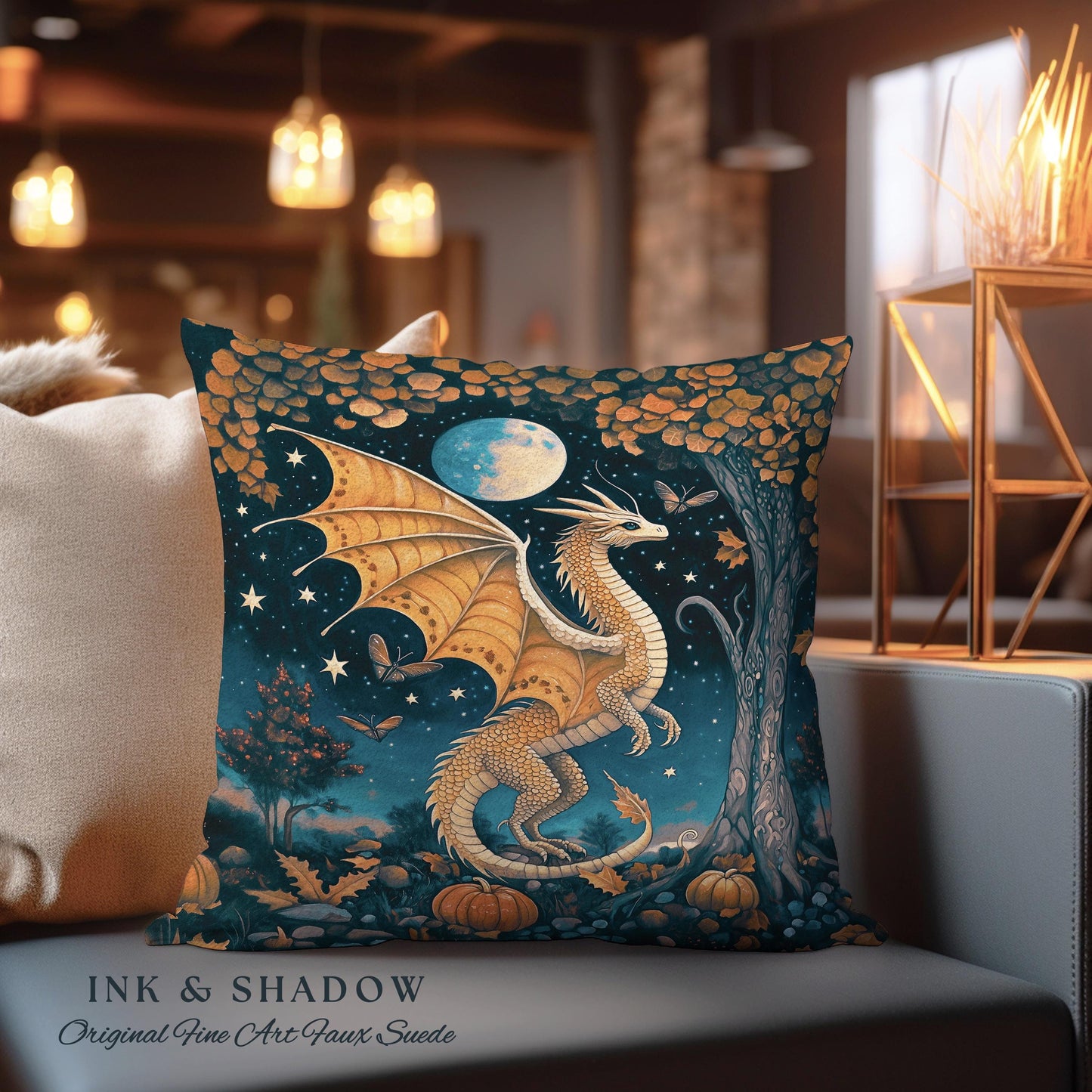 Whimsigothic Harvest Moon Magical Dragon Pillow Fairytale Nocturnal Decor | Enchanted Autumn Night Celestial Fantasy Art Tapestry Cushion