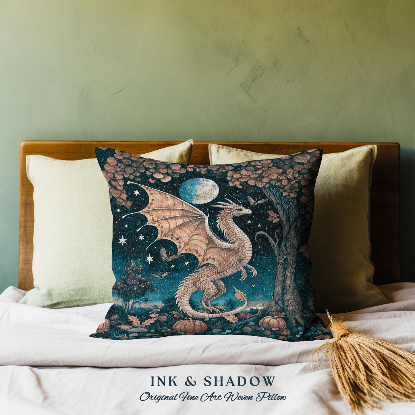 Whimsigothic Harvest Moon Magical Dragon Pillow Fairytale Nocturnal Decor | Enchanted Autumn Night Celestial Fantasy Art Tapestry Cushion