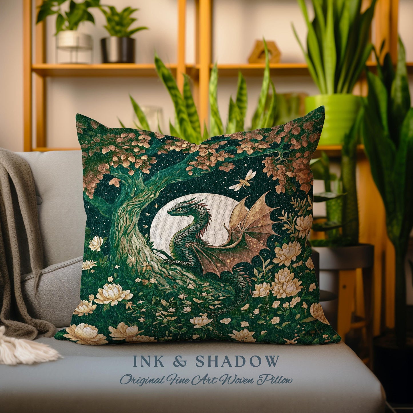 Mystical Forest Green Woodland Gothic Dragon Pillow Full Moon Celestial Magic Fantasy Art, Whimsigothic Enchanted Fairytale Academia Cushion