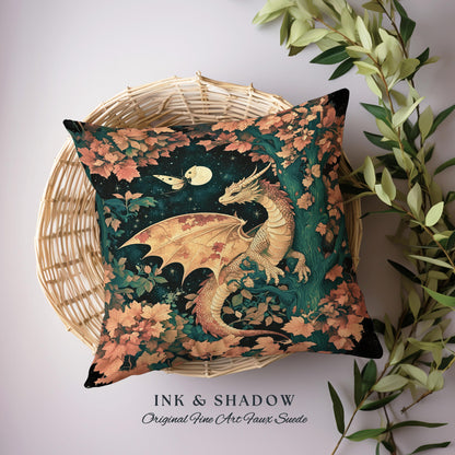 Antique Mystical Ethereal Dragon Tapestry Pillow Moonlit Forest Fairytale Academia | Enchanted Fairycore Celestial Night Art Fantasy Cushion