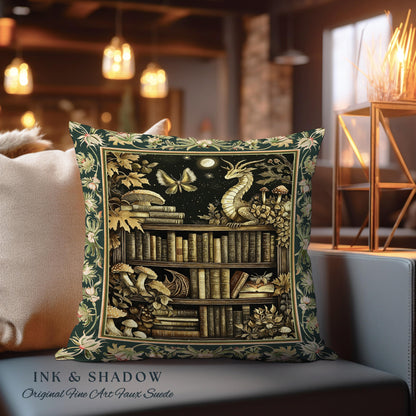 Enchanted Library Dragon Tapestry Pillow Mystical Dark Academia Bookshelf Fantasy Cushion | Vintage Gothic Cottagecore Bookish Reading Nook