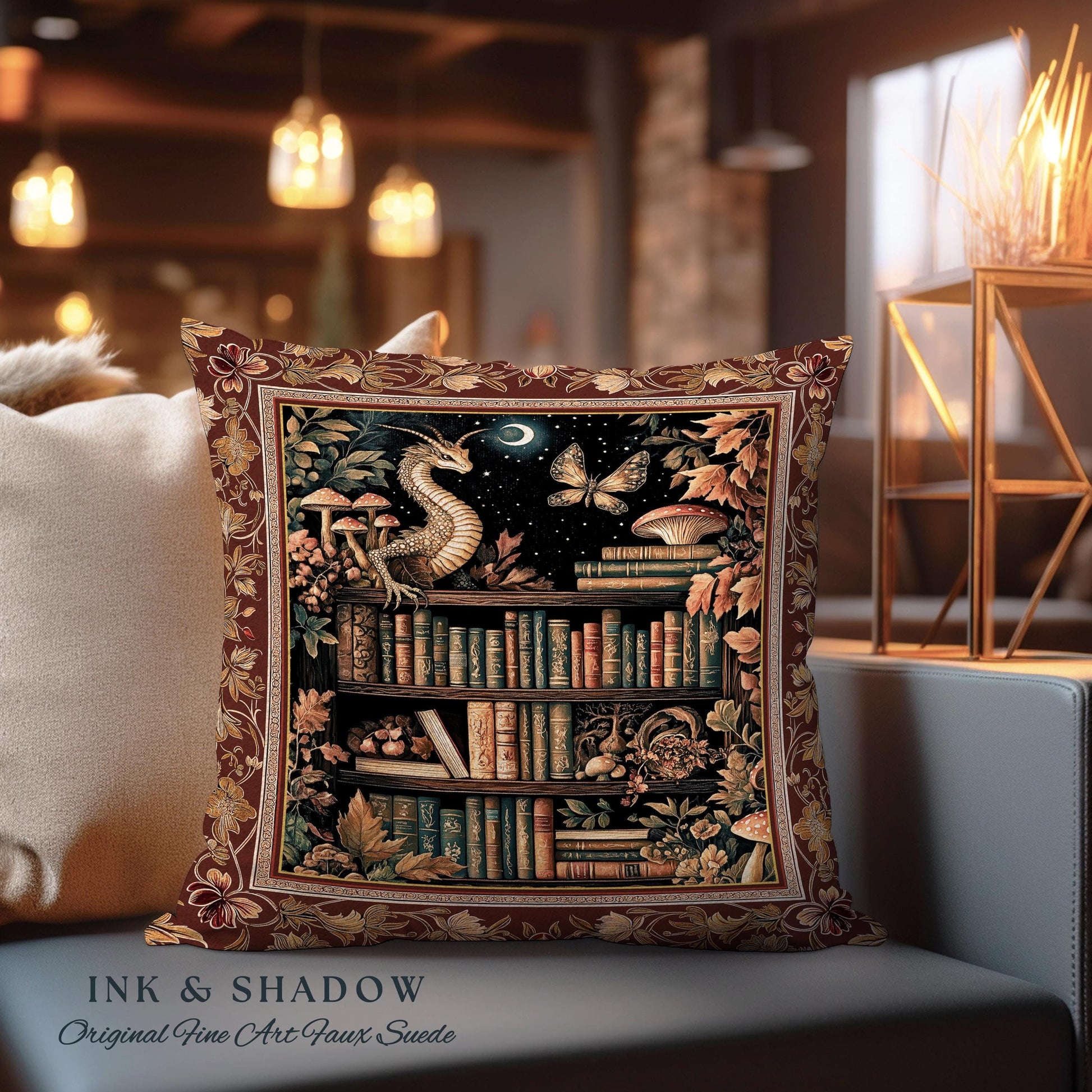 Rust Burnt Orange Woodland Book Nook Magical Dragon Pillow Dark Academia Decor | Goblincore Vintage Folklore Bookshelf Enchanted Art Cushion