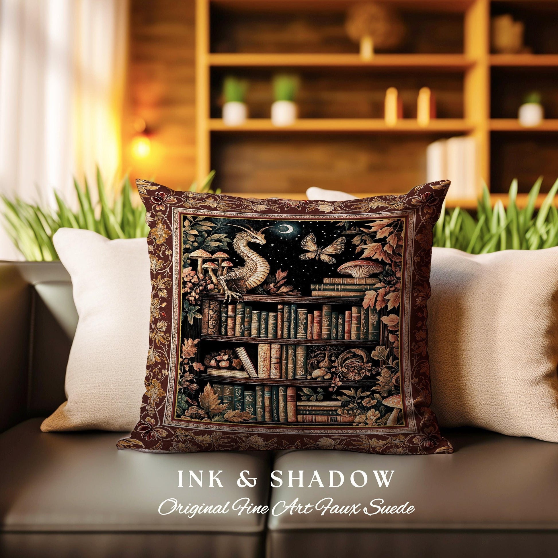 Rust Burnt Orange Woodland Book Nook Magical Dragon Pillow Dark Academia Decor | Goblincore Vintage Folklore Bookshelf Enchanted Art Cushion