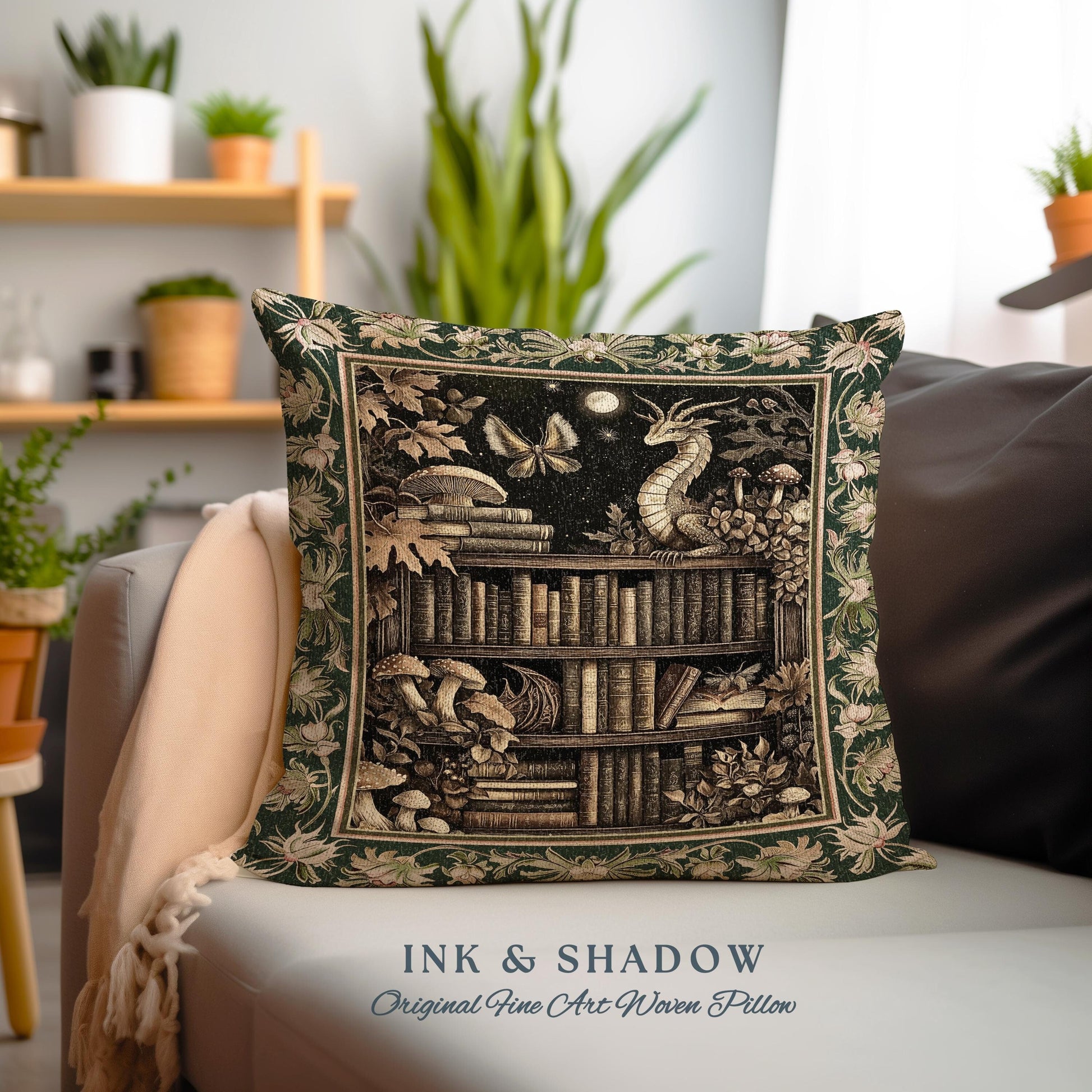 Enchanted Library Dragon Tapestry Pillow Mystical Dark Academia Bookshelf Fantasy Cushion | Vintage Gothic Cottagecore Bookish Reading Nook