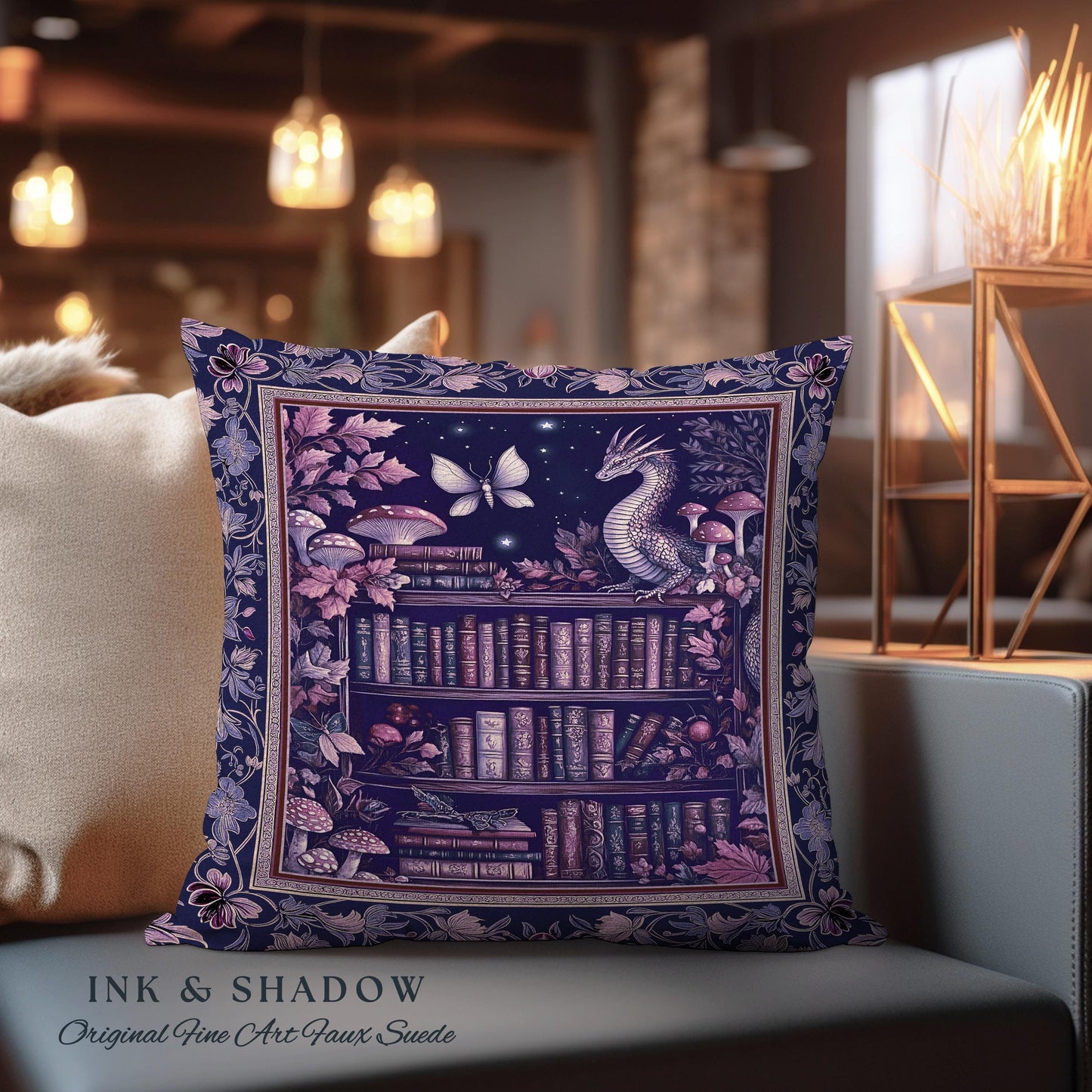 Fairytale Dragon Books Pillow Mystical Cottagecore Purple Cushion | Whimsical Witchy Reading Nook Tapestry Enchanted Victorian Academia Art