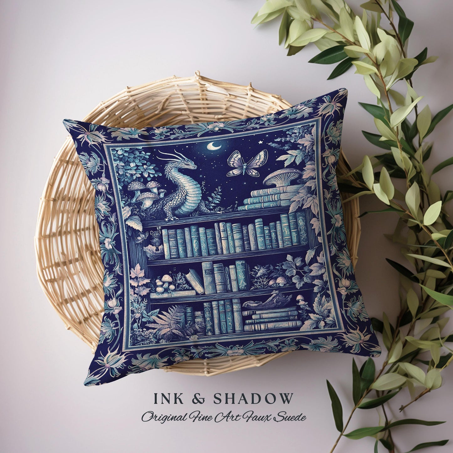 Midnight Blue Enchanted Library Dragon Pillow Celestial Dark Academia Fairycore | Whimsical Gothic Cottagecore Fantasy Art Tapestry Cushion