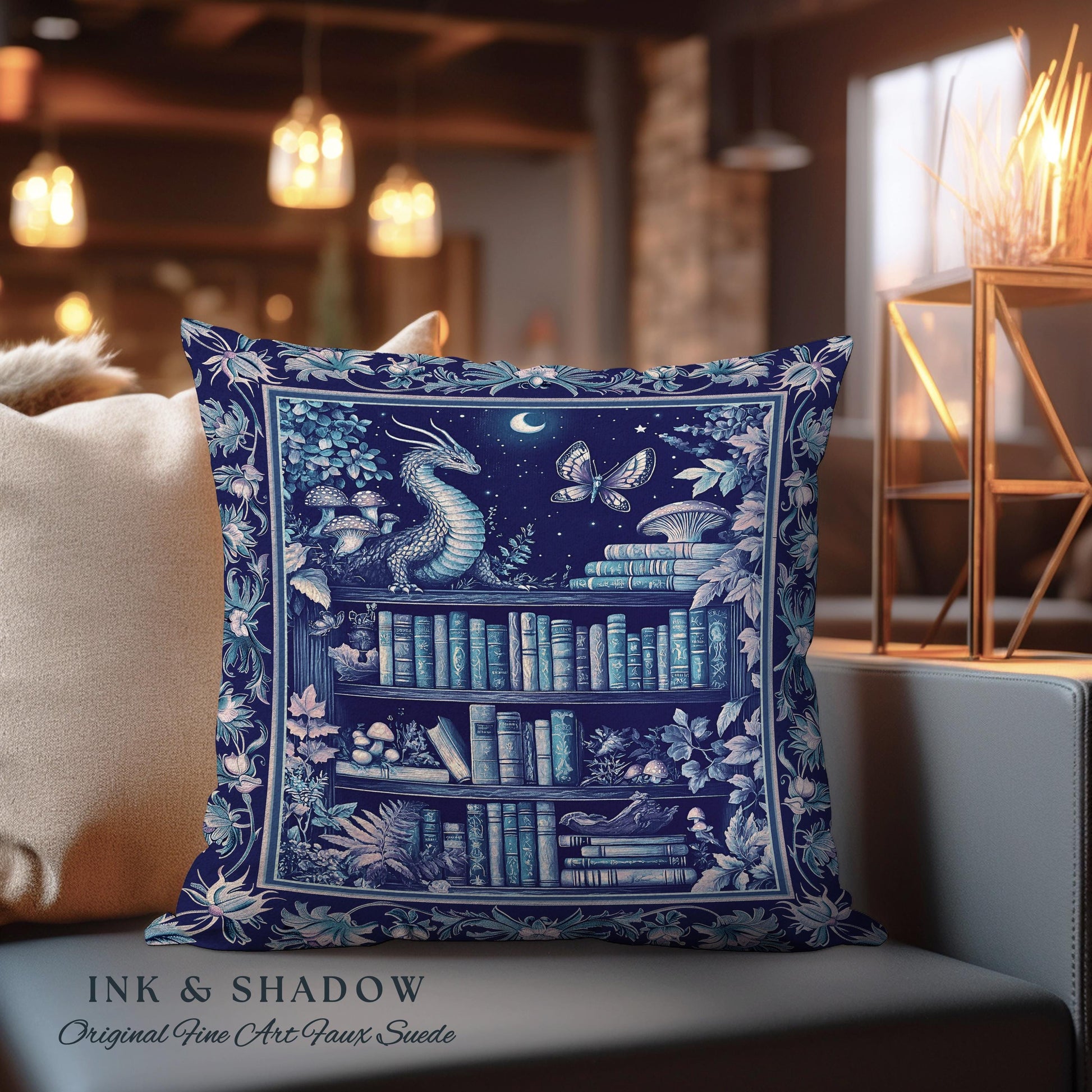 Midnight Blue Enchanted Library Dragon Pillow Celestial Dark Academia Fairycore | Whimsical Gothic Cottagecore Fantasy Art Tapestry Cushion