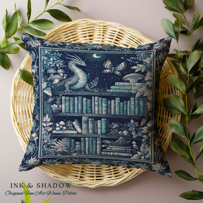 Midnight Blue Enchanted Library Dragon Pillow Celestial Dark Academia Fairycore | Whimsical Gothic Cottagecore Fantasy Art Tapestry Cushion