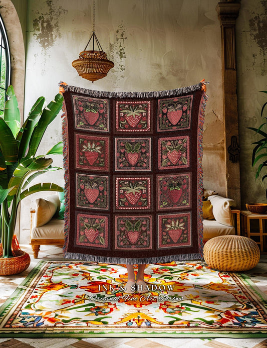 Dark Cottagecore Coquette Strawberry Tapestry Throw Victorian Gothic Decor | Vintage Aesthetic Retro Red Berry Checkered Blanket Woven Art