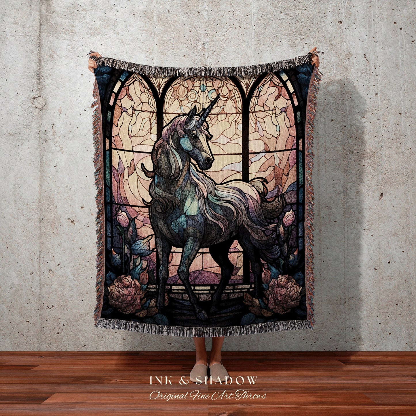 Stained Glass Unicorn Tapestry Woven Blanket | Decor Vintage Unicorn Wall Art Ethereal Tapestry | Magical Unicorn Room Decor Mystical Art |