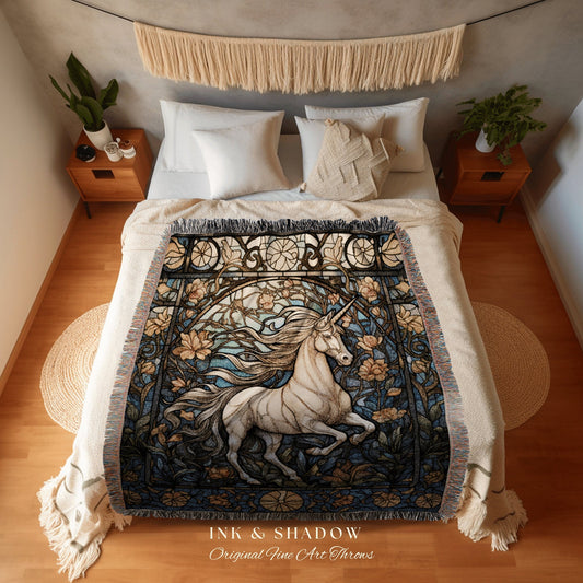 Fairycore Tapestry Unicorn | Vintage Unicorn Art Ethereal Tapestry Woven | Magical Unicorn Room Decor Mythical Wall Art Medieval Tapestry |