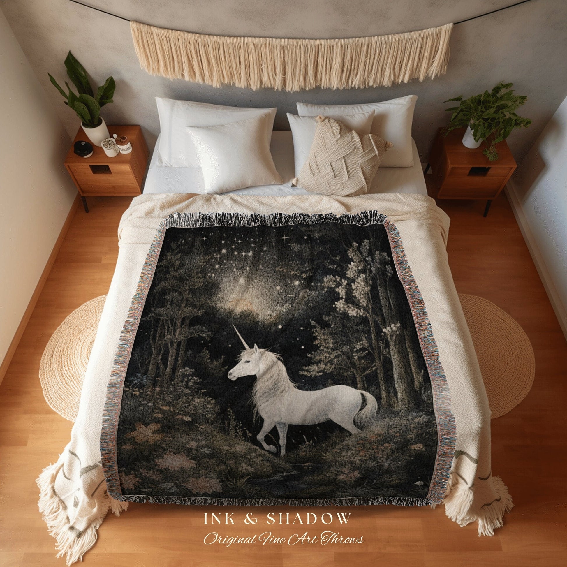 Fairytale Aesthetic Unicorn Blanket Woven | Ethereal Decor Tapestry Cottagecore | Fairycore Room Decor Magical Tapestry Unicorn Vintage Art