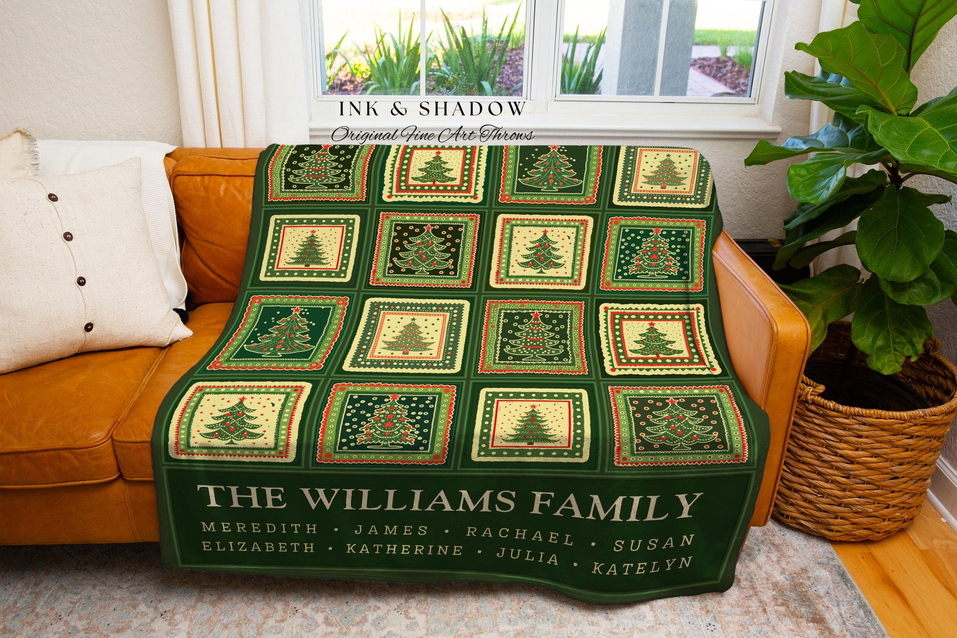 Personalized Family Christmas Tree Blanket with Names Sentimental Gift for Grandparents Custom Nostalgic Cottagecore Festive Tapestry Throw