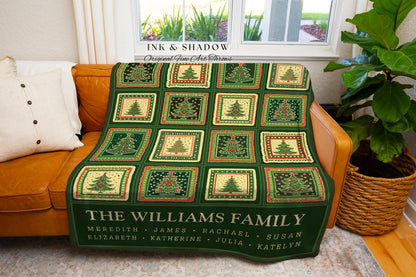 Personalized Family Christmas Tree Blanket with Names Sentimental Gift for Grandparents Custom Nostalgic Cottagecore Festive Tapestry Throw