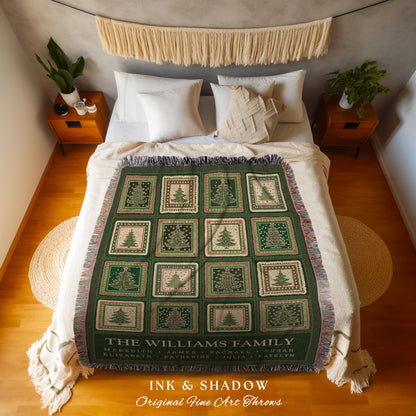 Personalized Family Christmas Tree Blanket with Names Sentimental Gift for Grandparents Custom Nostalgic Cottagecore Festive Tapestry Throw