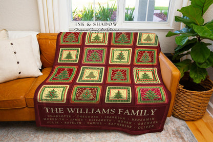 Family Tree Personalized Festive Christmas Tapestry Blanket Sentimental Gift for Grandparent with Names Custom Vintage Style Holiday Throw