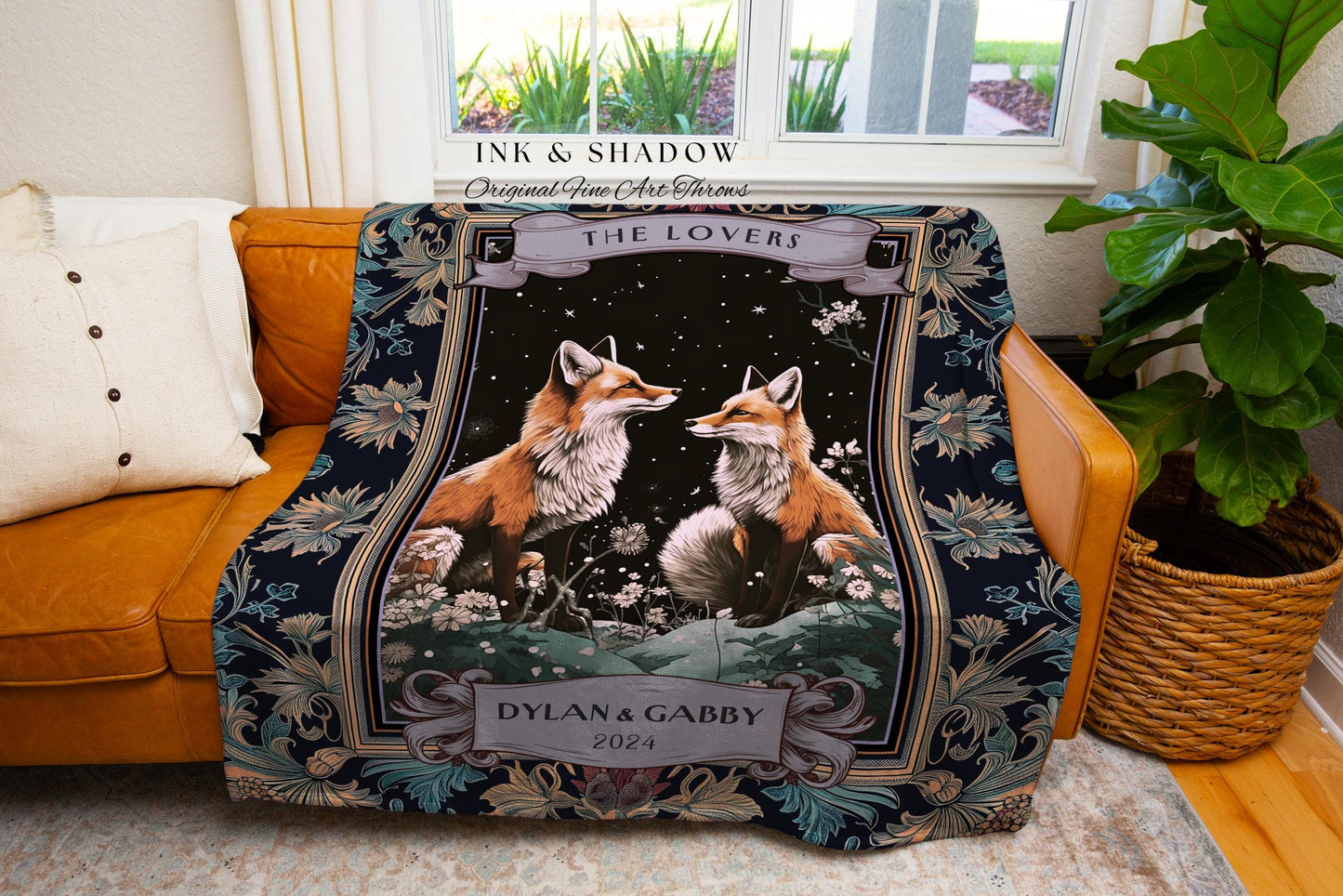 The Lovers Custom Couple Fox Blanket Romantic Woodland Cottagecore Tapestry Throw | Enchanted Night Wedding Personalized Anniversary Gift