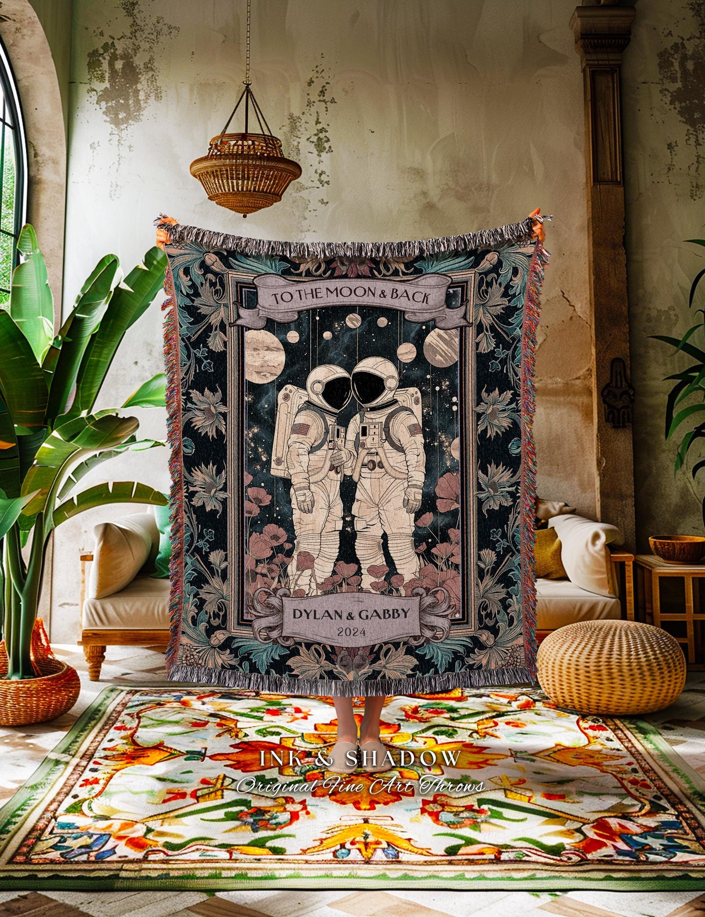 To the Moon & Back Astronaut Couple Custom Blanket Cosmic Love Romantic Wedding Anniversary Tapestry Throw Sentimental Valentine Space Decor