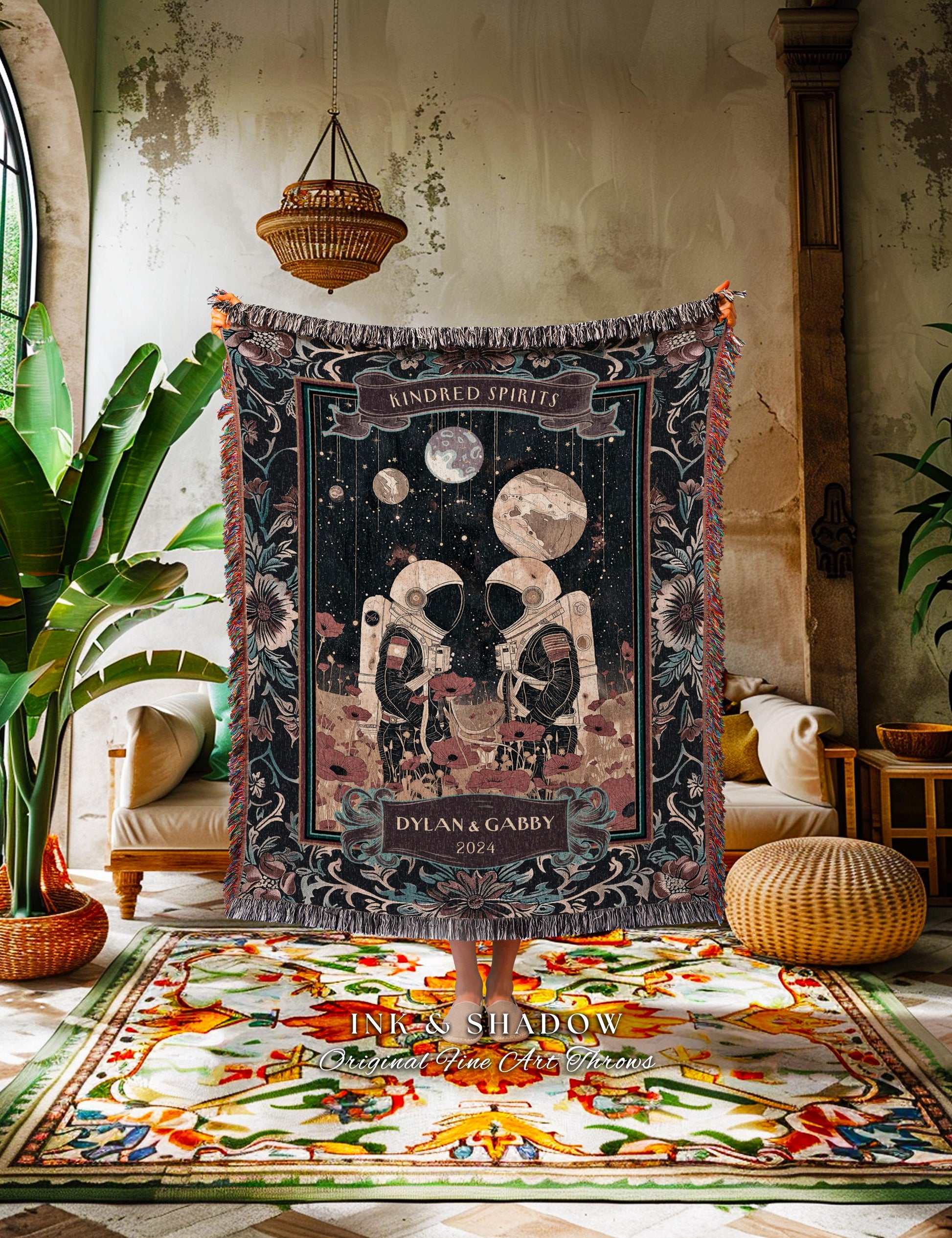 Lunar Lovers Personalized Throw | Celestial Couple Design His and Hers Cosmic Wedding Anniversary Blanket To The Moon & Back Woven Tapestry