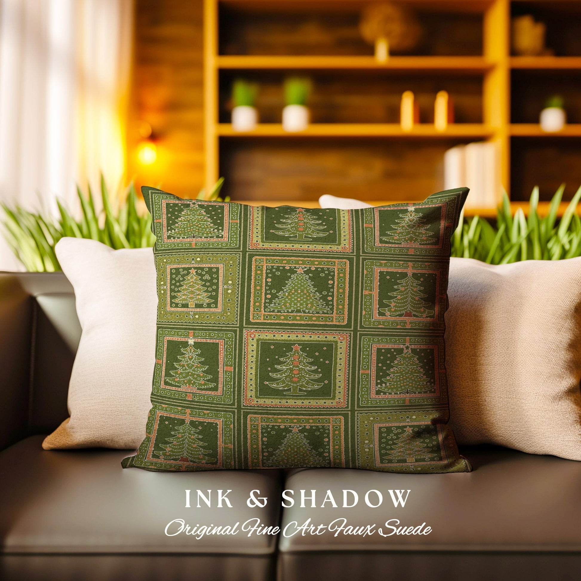 Country Chic Christmas Pine Tree Pillow Farmhouse Olive Green Checkered Throw | Festive Cozy Cabin Cottagecore Classic Retro Holiday Decor