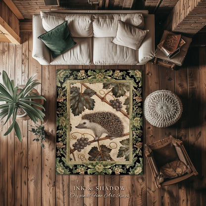 Mystic Botanical Hedgehog Rug | Whimsical Woodland Victorian Accent Rug Cozy Book Nook Cottagecore Rustic Bedroom Gift for Hedgehog Lover |