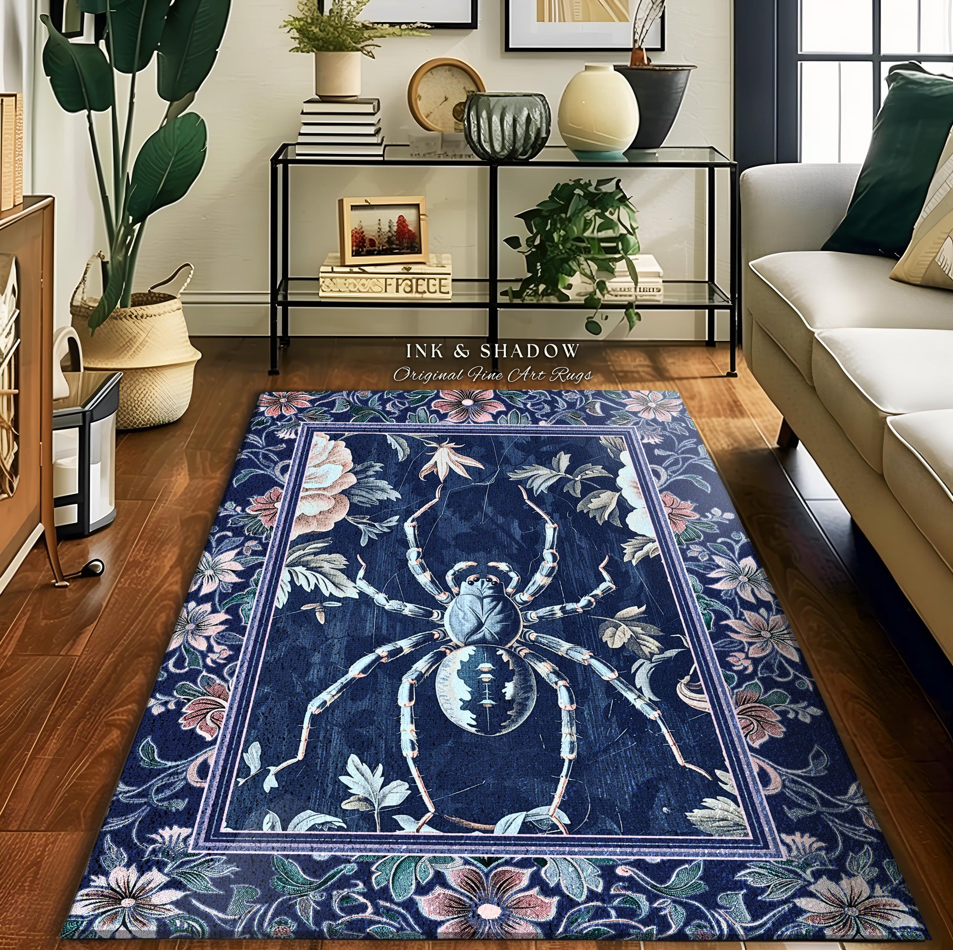 French Baroque Antique Blue Botanical Spider Rug Gothic Victorian Cottagecore Decor | Whimsical Vintage Enchanted Nature Flora Home Accent