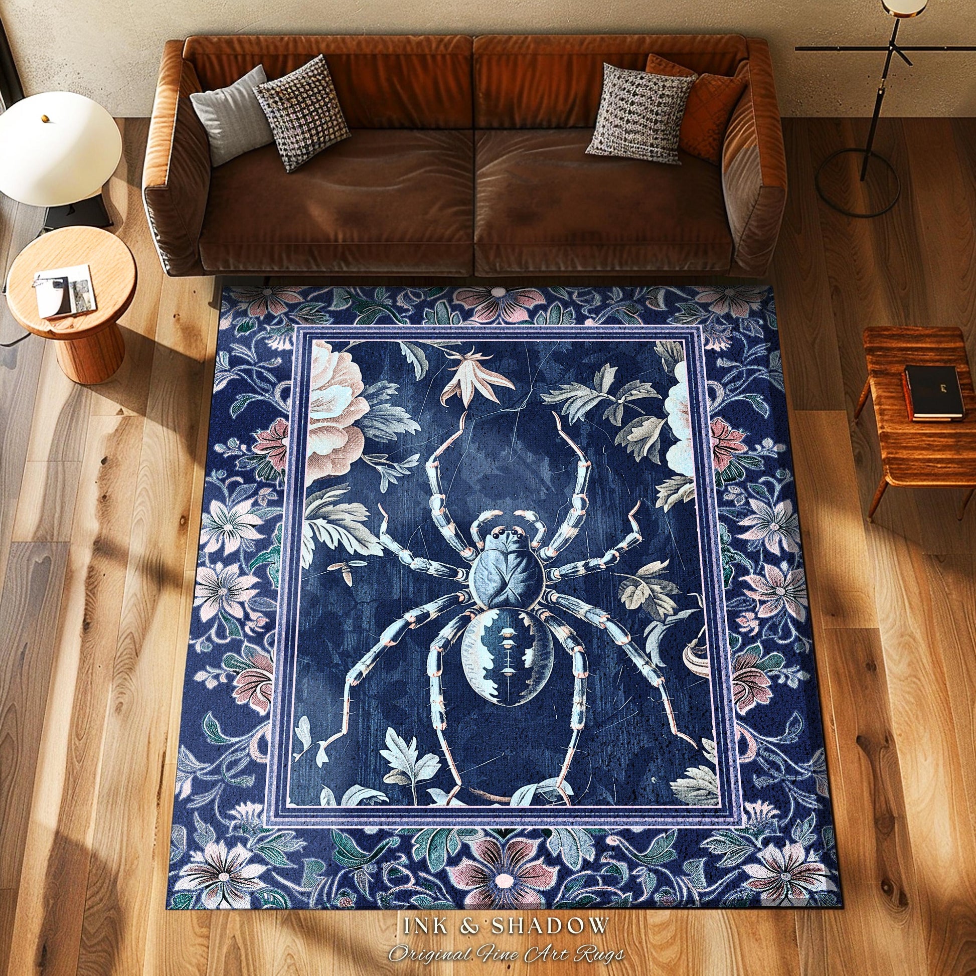 French Baroque Antique Blue Botanical Spider Rug Gothic Victorian Cottagecore Decor | Whimsical Vintage Enchanted Nature Flora Home Accent