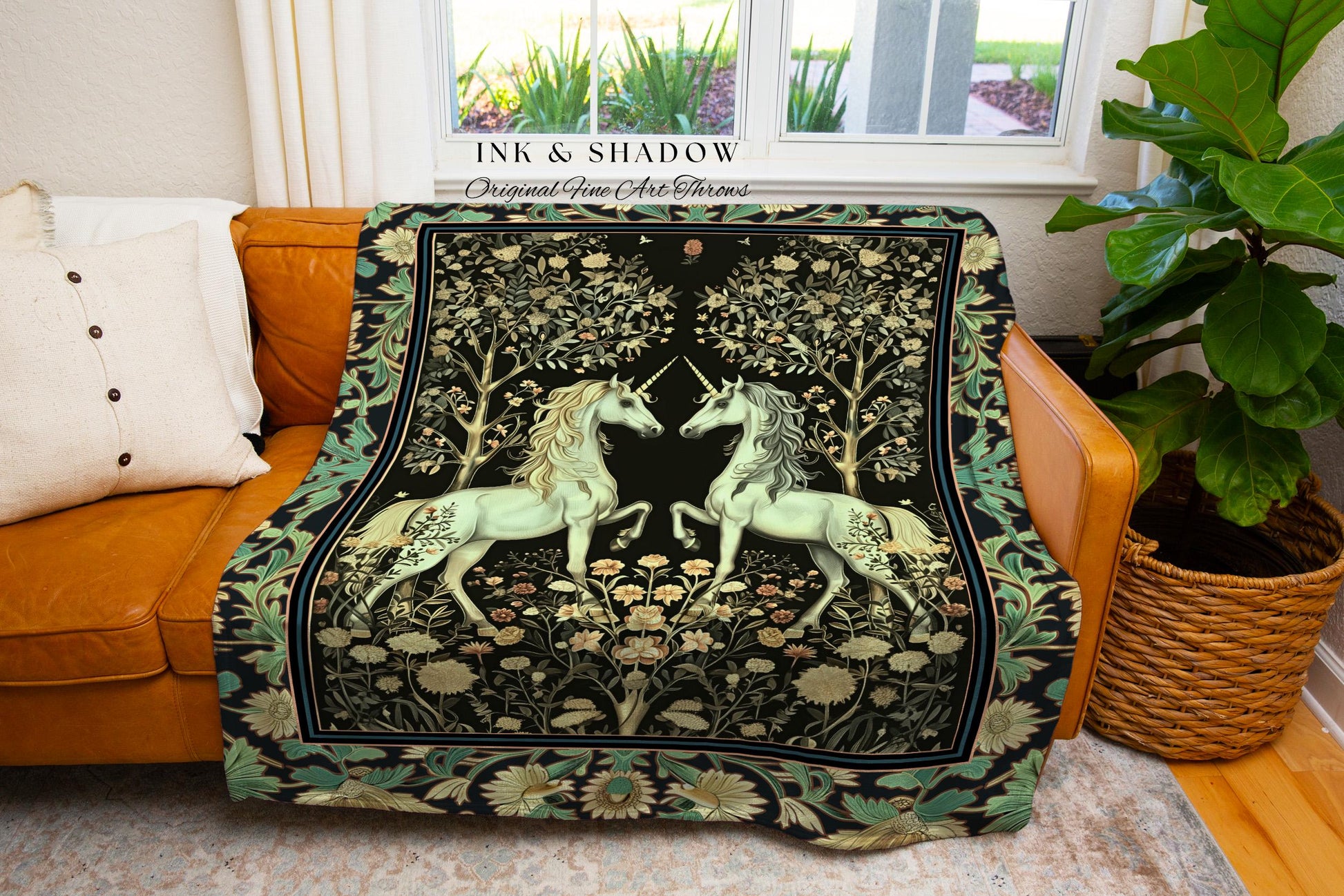 Victorian Gothic Unicorn Tapestry Throw Ornate Baroque Fantasy Blanket Enchanted Art Nouveau Cottagecore Fairytale Whimsigothic Decor Accent