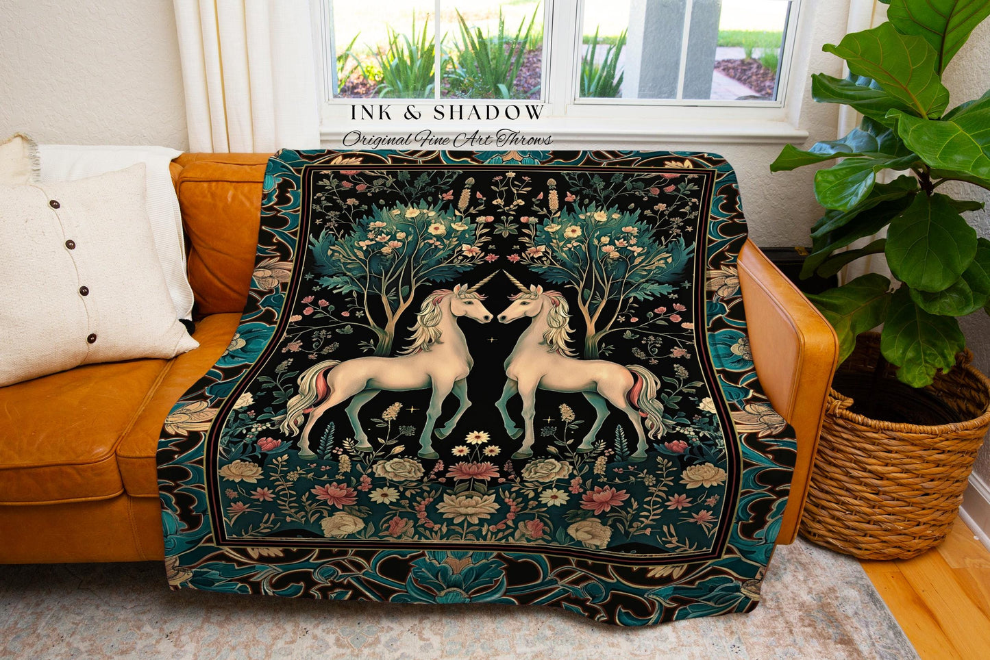 Fantasy Garden Unicorn Tapestry Throw Cottagecore Art Nouveau Fairycore Blanket Whimsical Woodland Fairytale Victorian Floral Enchanted Home